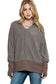 Brown Patchwork Split V Neck Thumblehole Sleeve Top