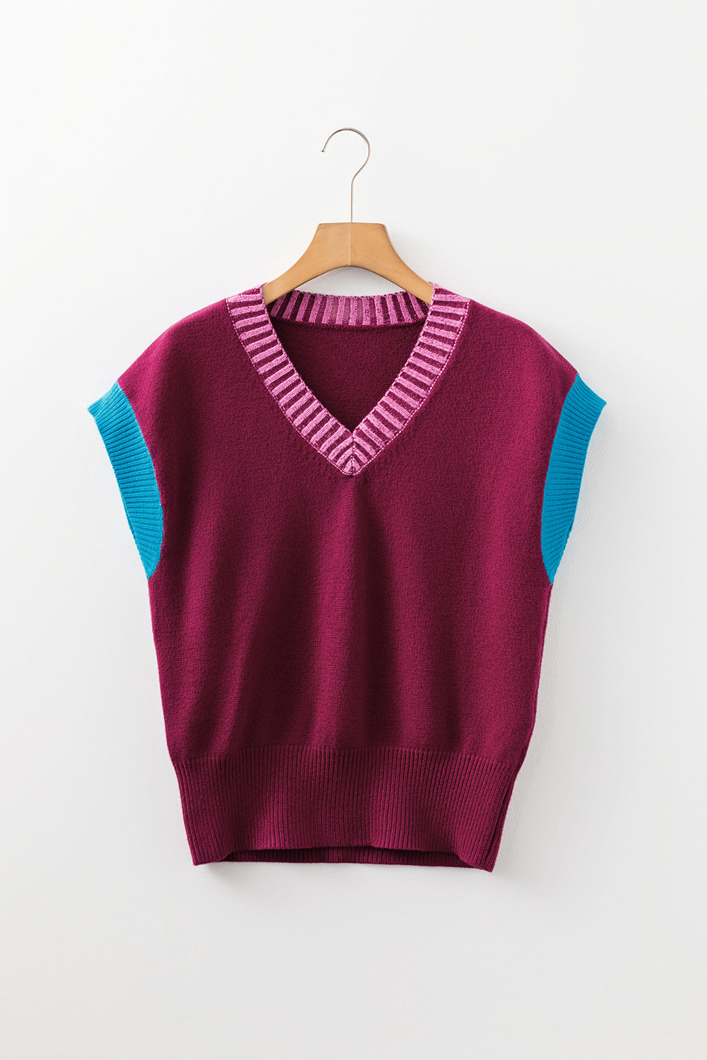 Burgundy Contrast Trim V-Neck Cuffed Short Sleeve Loose Sweater