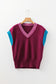 Burgundy Contrast Trim V-Neck Cuffed Short Sleeve Loose Sweater