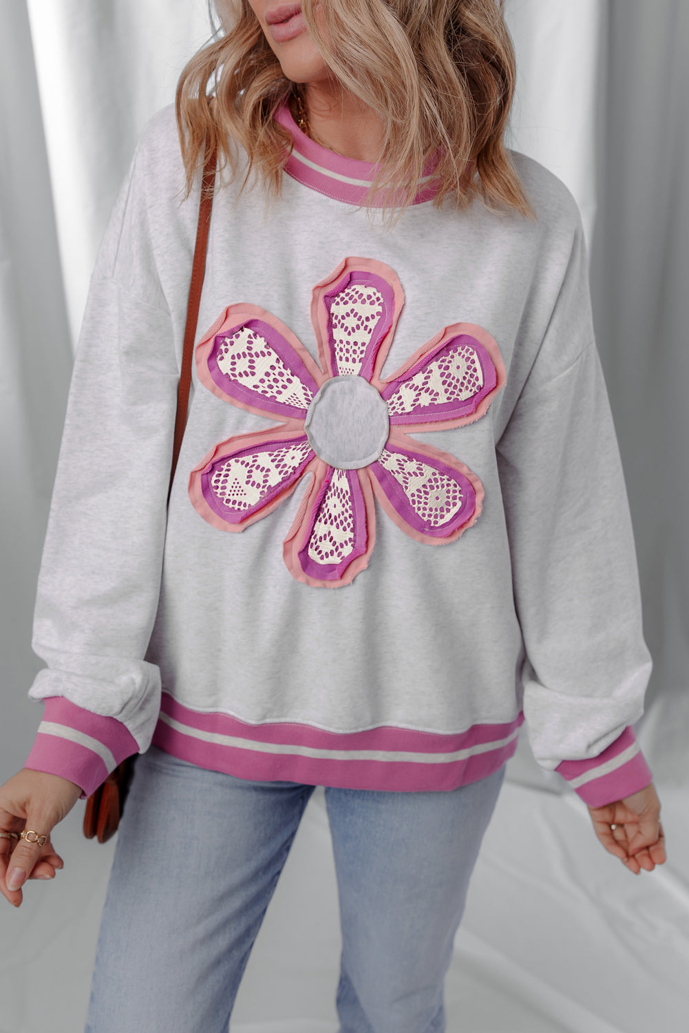 Flower Power Contrast Trim Crewneck Sweatshirt
