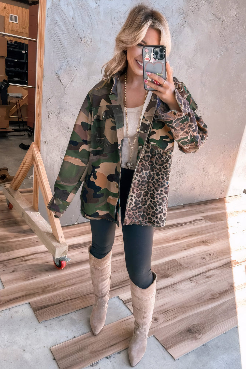 Leopard Camouflage Patchwork Oversized Shacket