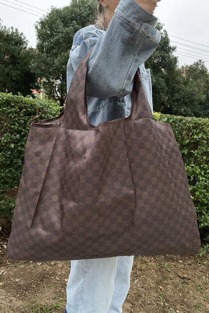 Coffee Checkered Foldable Oversized Tote Bag