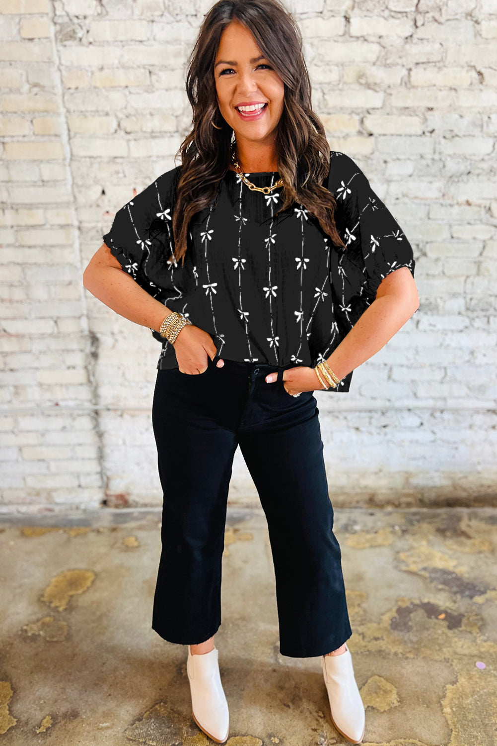 Striped Puff Sleeve Blouse with Black Bow Print
