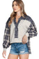 Dark Blue Floral Plaid Mixed Patchwork Bishop Sleeve Top