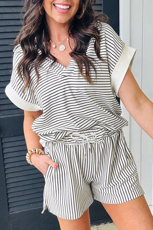 Black & White Striped V-Neck Lounge Set