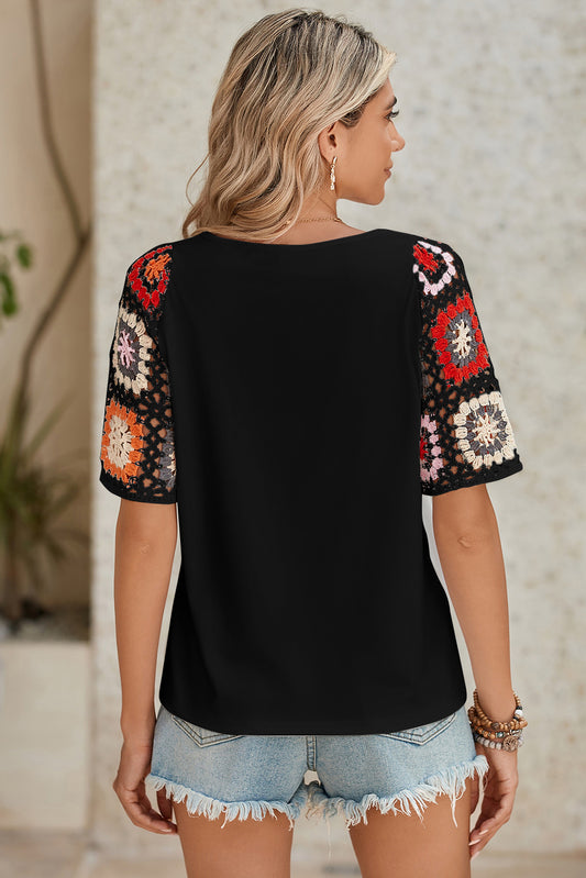 Black Floral Hollowed Crochet Sleeve Boho T Shirt