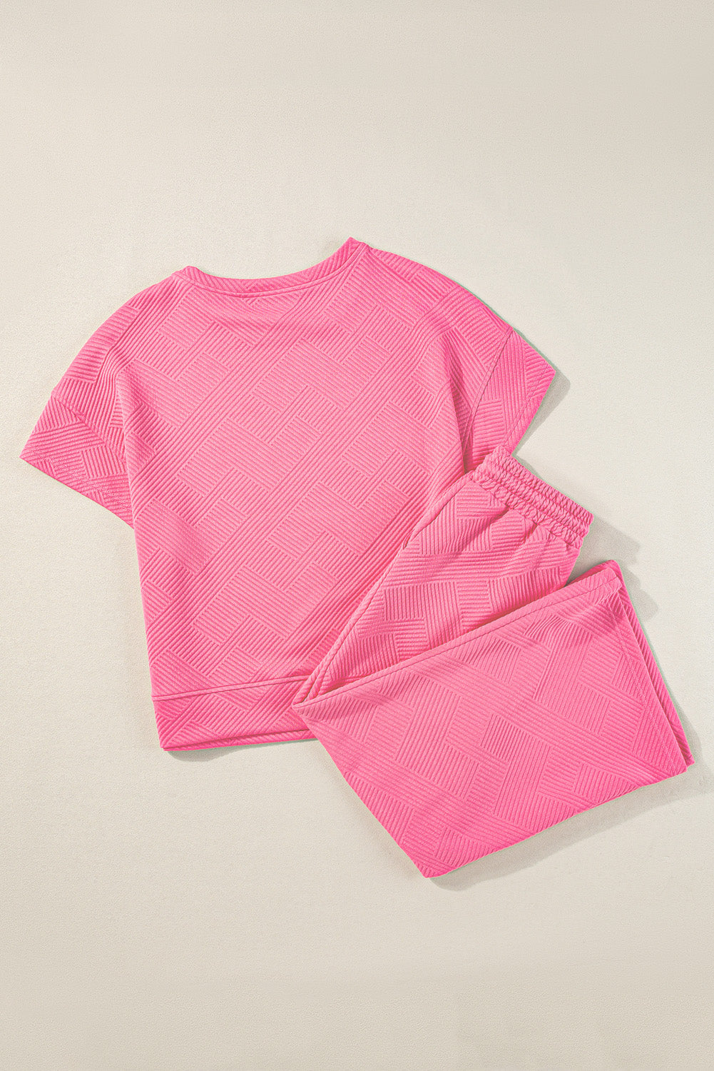 Strawberry Pink Textured Loose Fit T-Shirt and Drawstring Pants Set