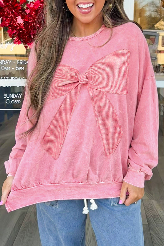 Waffle Knit Mineral Wash Pullover with Bow Detail