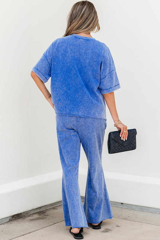 Blue Acid Wash Star Patched Rolled Trim Pants Set