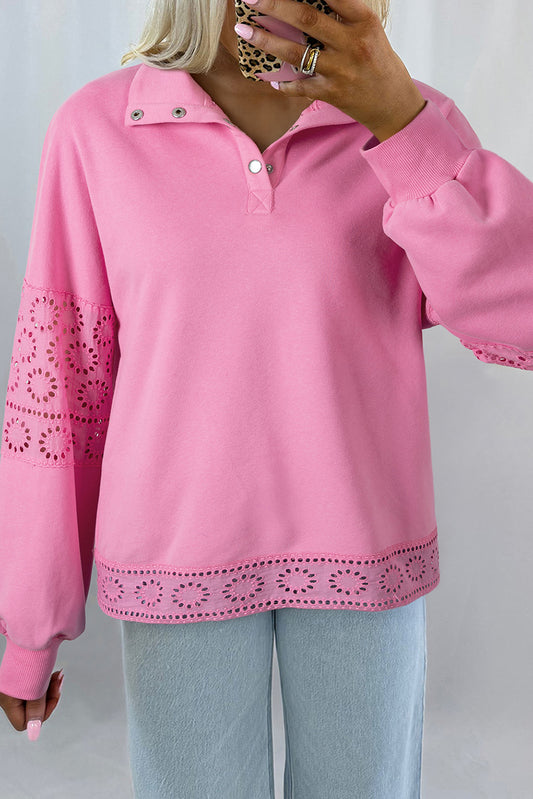 Floral Embroidered Patchwork Pullover with Snap Button Neckline