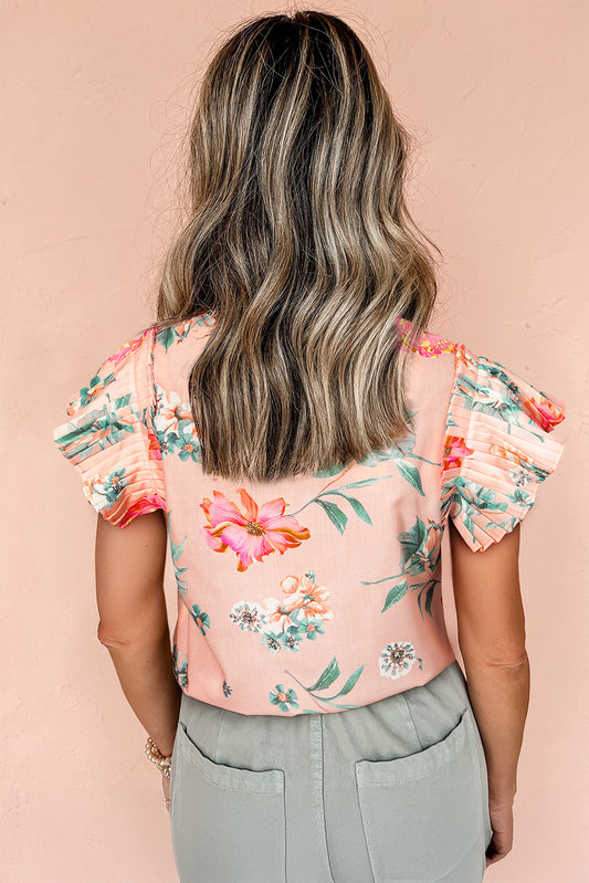 Pink Floral Print Frill V-Neck Pleated Sleeve Blouse