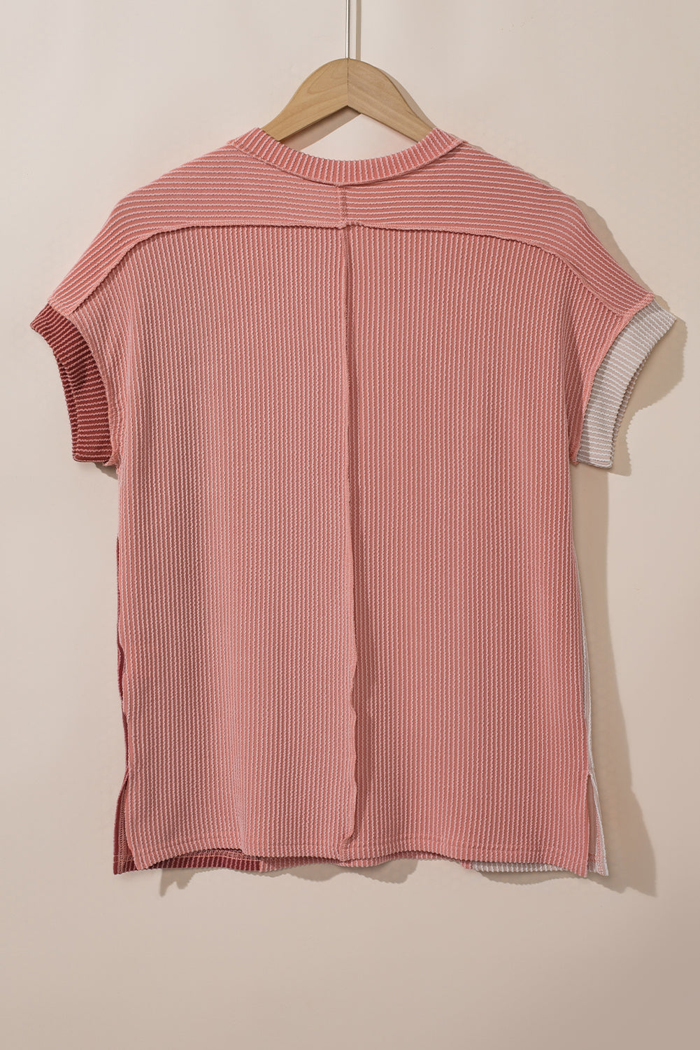 Apricot Pink Colorblock Crinkle Rib Round Neck T Shirt