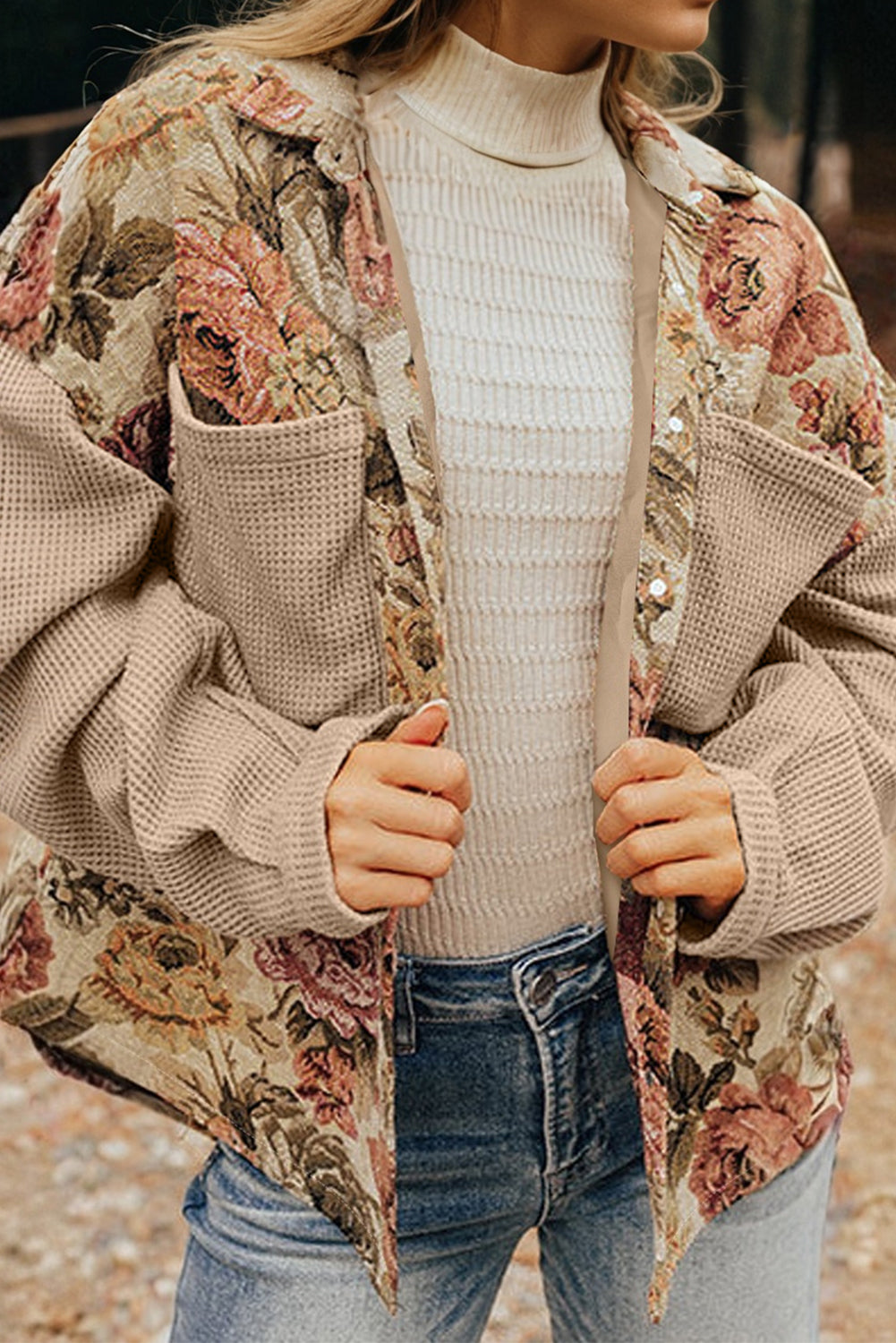Floral Waffle Knit Patchwork Chest Pockets Buttoned Jacket