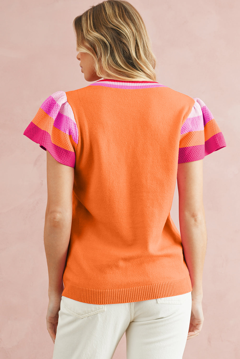 Bright Pink Contrast Sleeve Striped Round Neck Knitted Tee