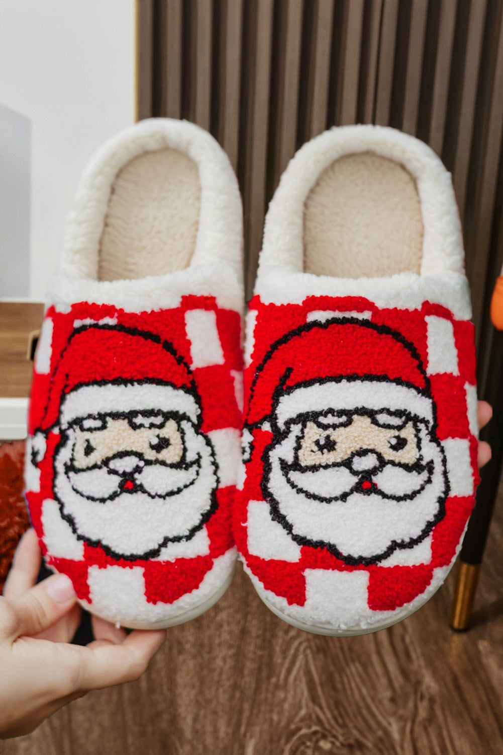 Red Checkered Santa Claus Graphic Plush Home Slippers