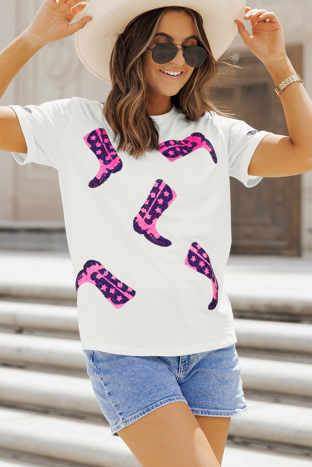 White Sequin Boots Graphic Round Neck T Shirt