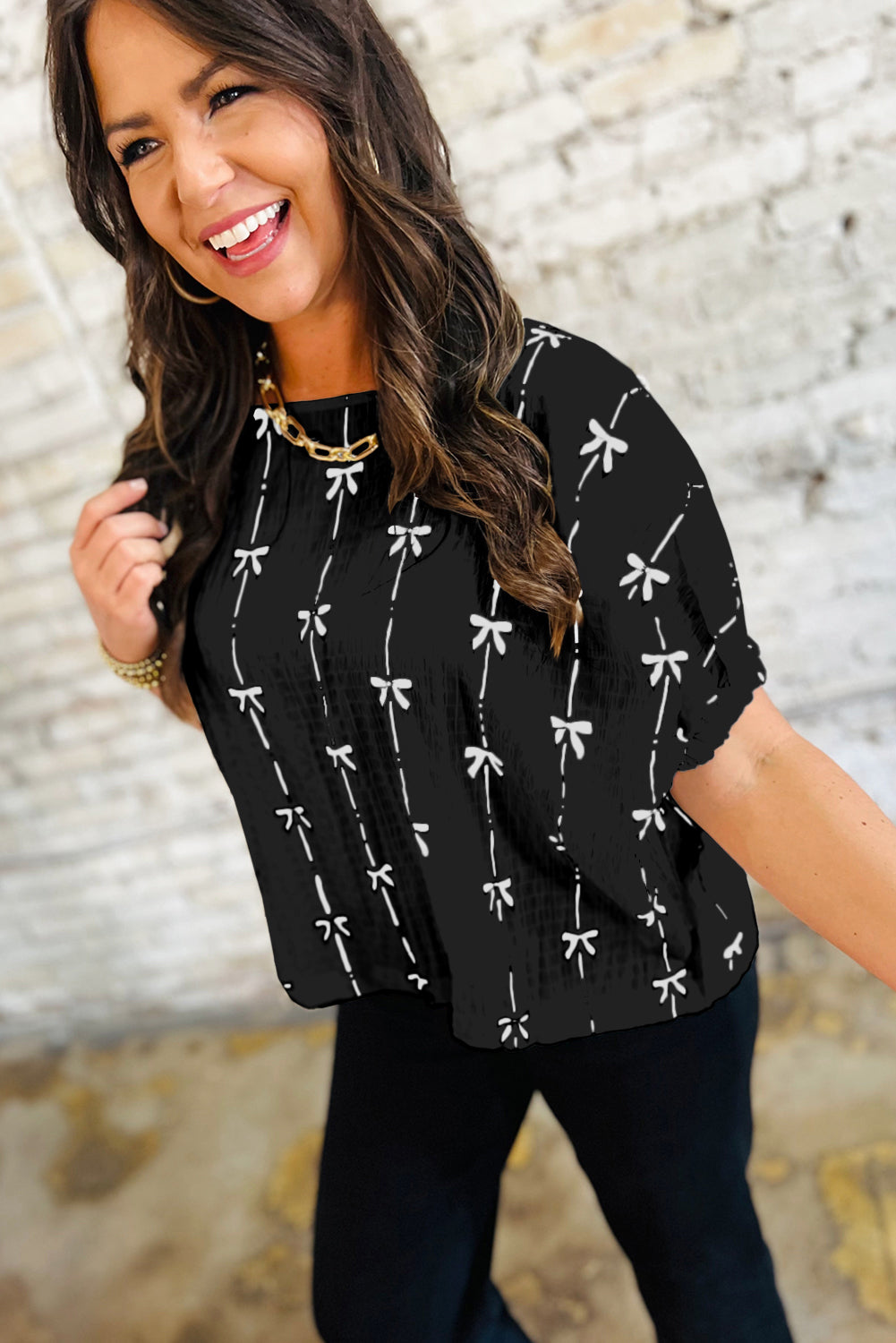 Striped Puff Sleeve Blouse with Black Bow Print