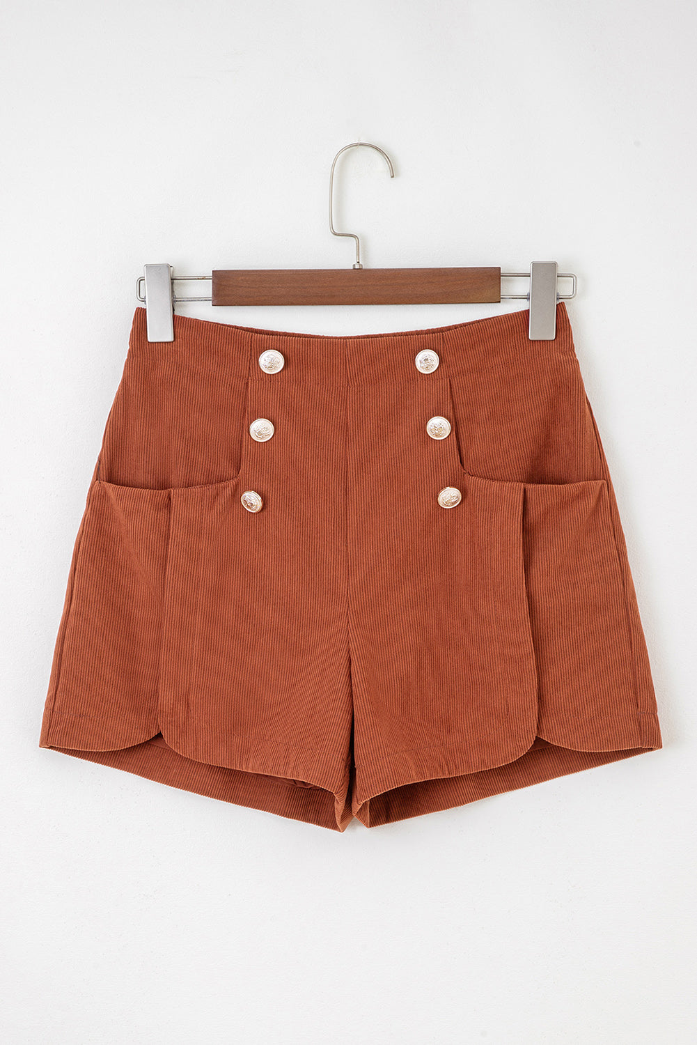 Clay Button Scalloped Edge High Waist Corduroy Shorts