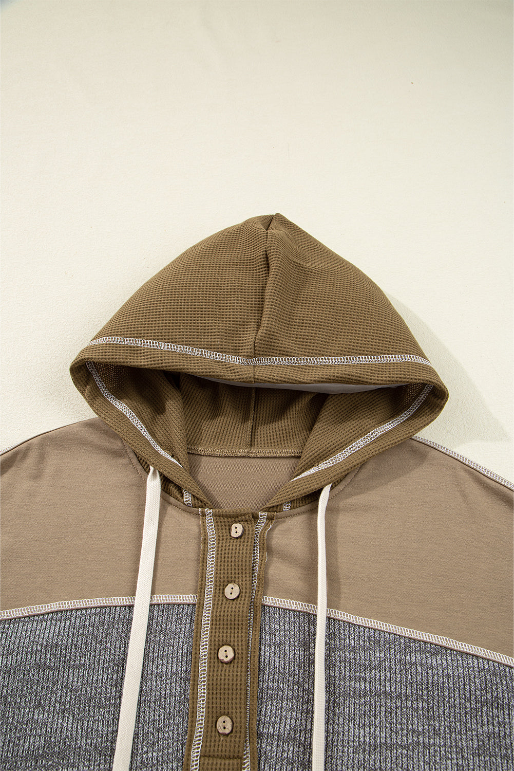 Green Mixed Texture Patchwork Exposed Seam Half Button Pullover Hooded Sweatshirt