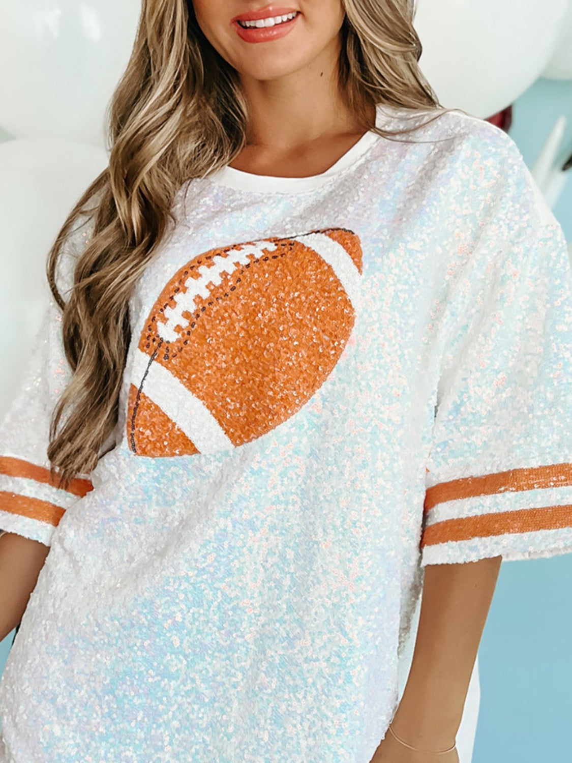 Sequin Football Round Neck Half Sleeve Oversize Top