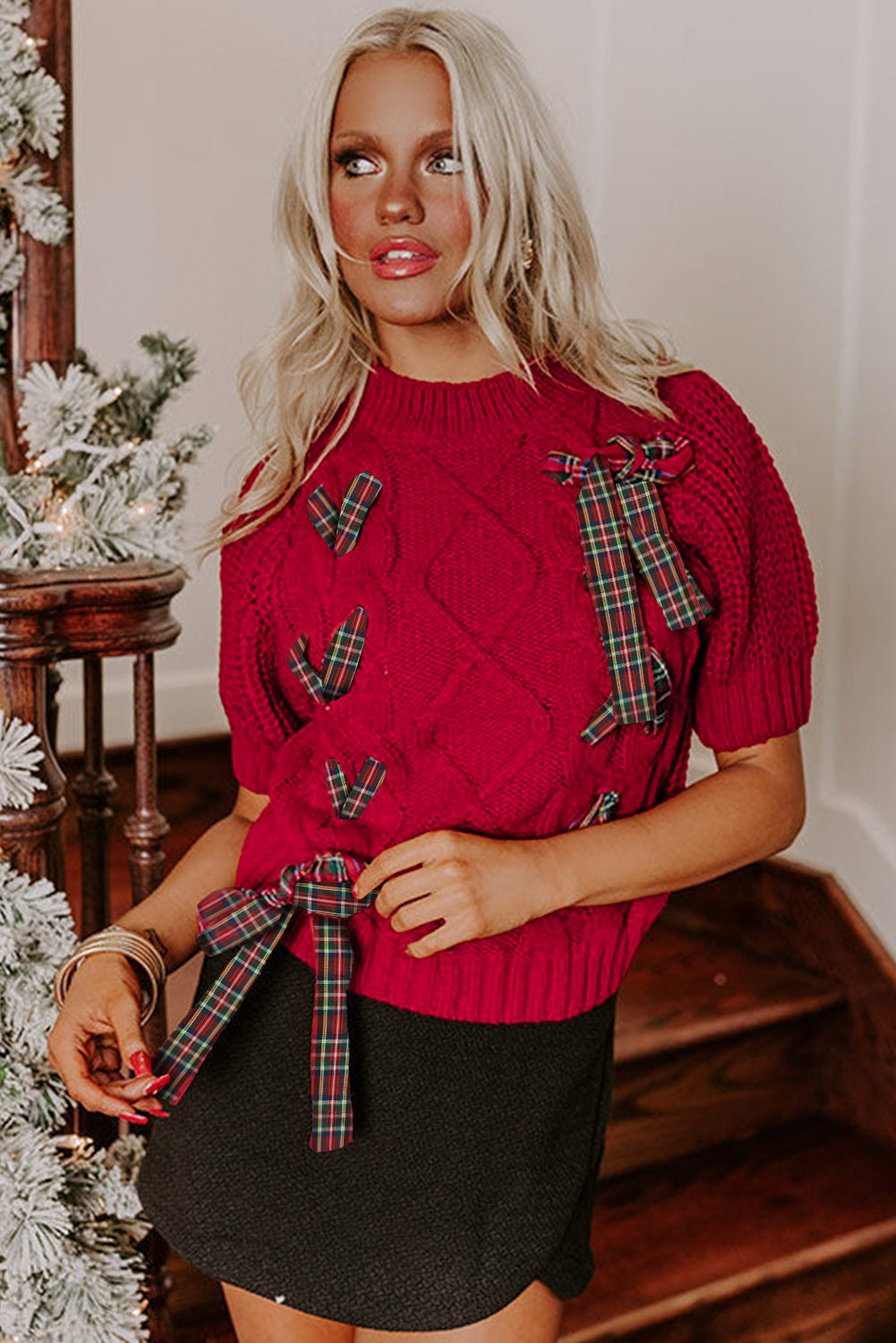Red Plaid Lace-Up Detail Christmas Holiday Puff Short Sleeve Sweater