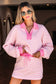 Pink Stripe Collared V-Neck Drop Shoulder Pullover and Skort Two Piece Set