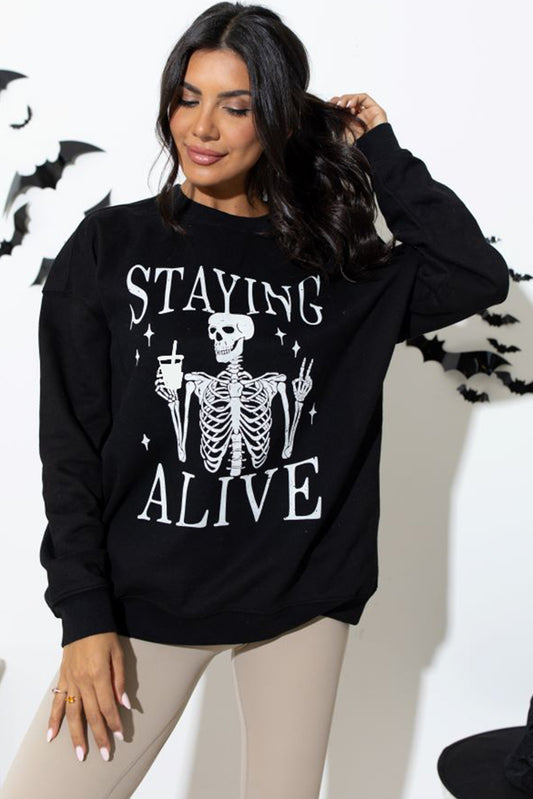 Black STAYING ALIVE Skull Graphic Crewneck Halloween Sweatshirt