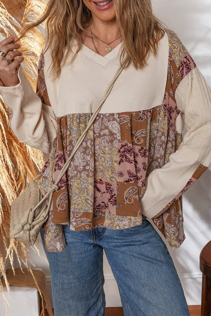 Beige Paisley Print Contrast Patchwork Long Sleeve Loose Top