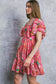 Pink Floral Print Square Neck Ruffle Sleeve Tiered Dress