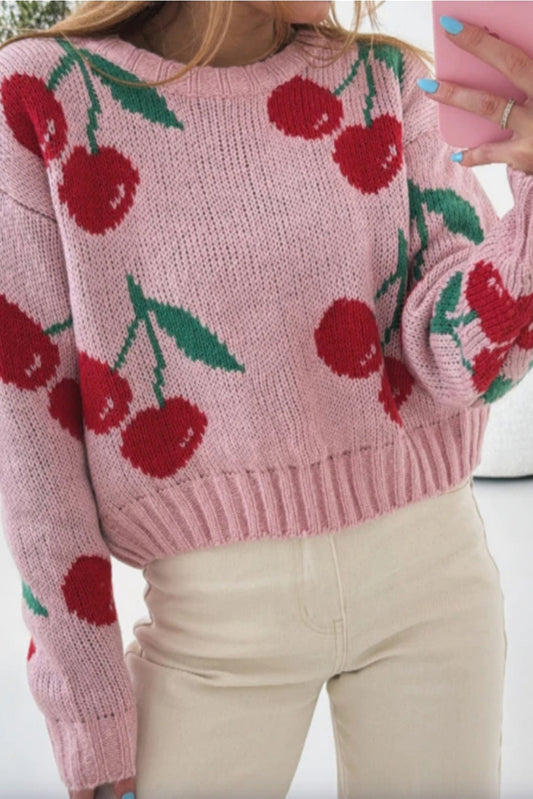 Cherry Print Round Neck Knit Sweater