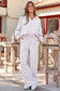 Light Grey Stripe Patchwork Loose Long Sleeve Top Drawstring Waist Pants Set