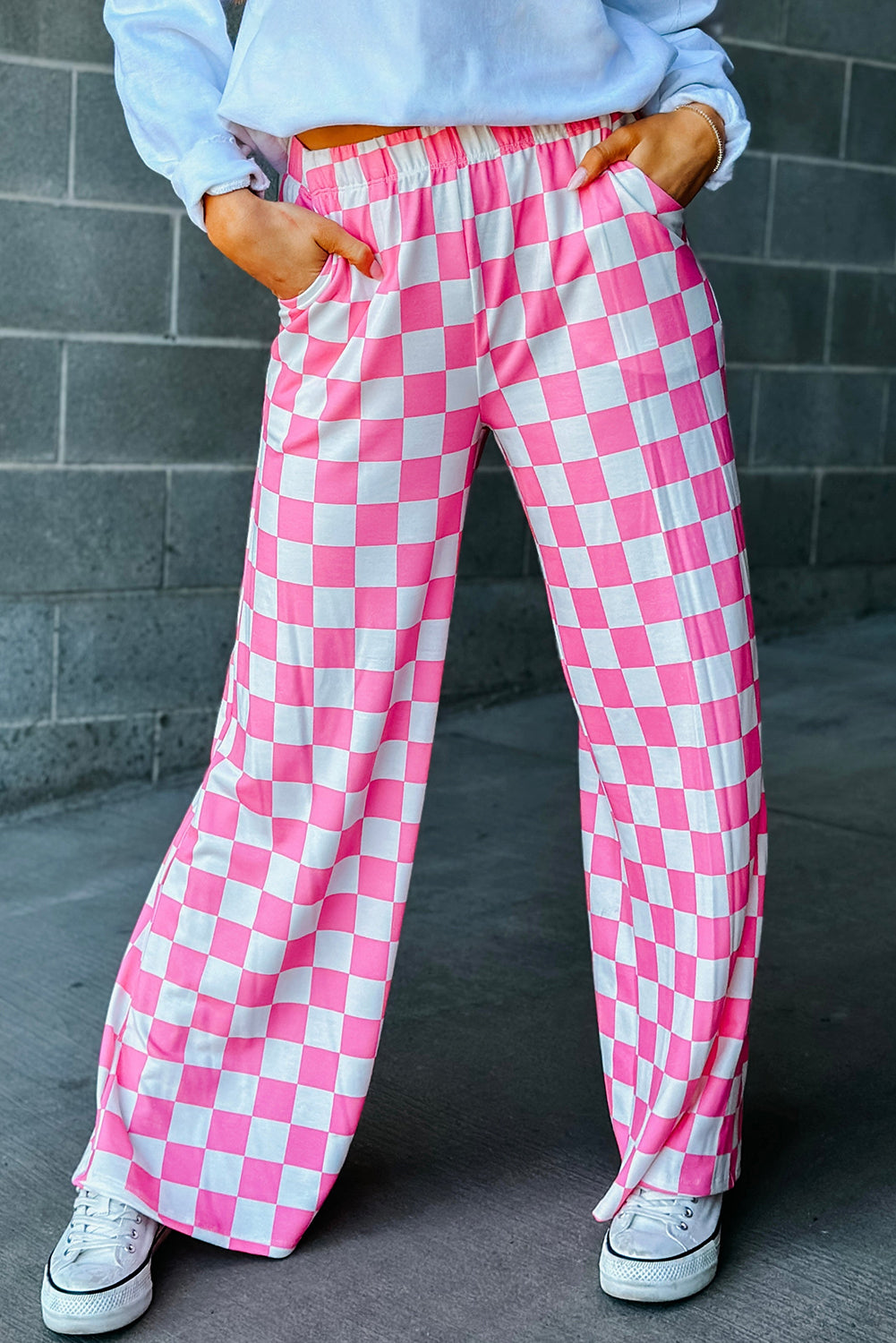 Black Checkered Print High Waist Wide Leg Pants