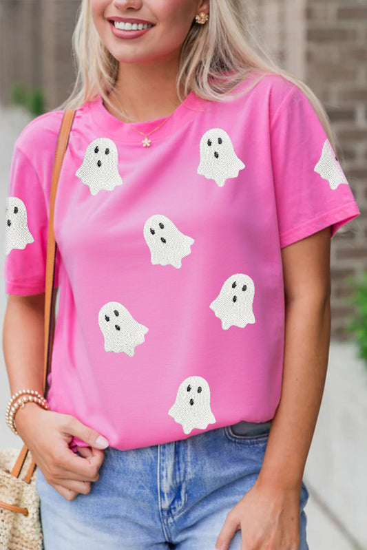 Pink Sequin Halloween Ghost Patched Casual T-Shirt