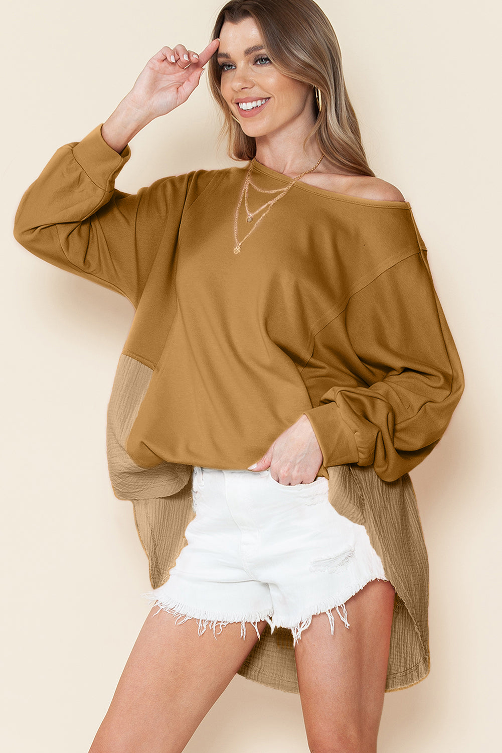 Orange Crinkled Patchwork Raw Hem Oversized Top