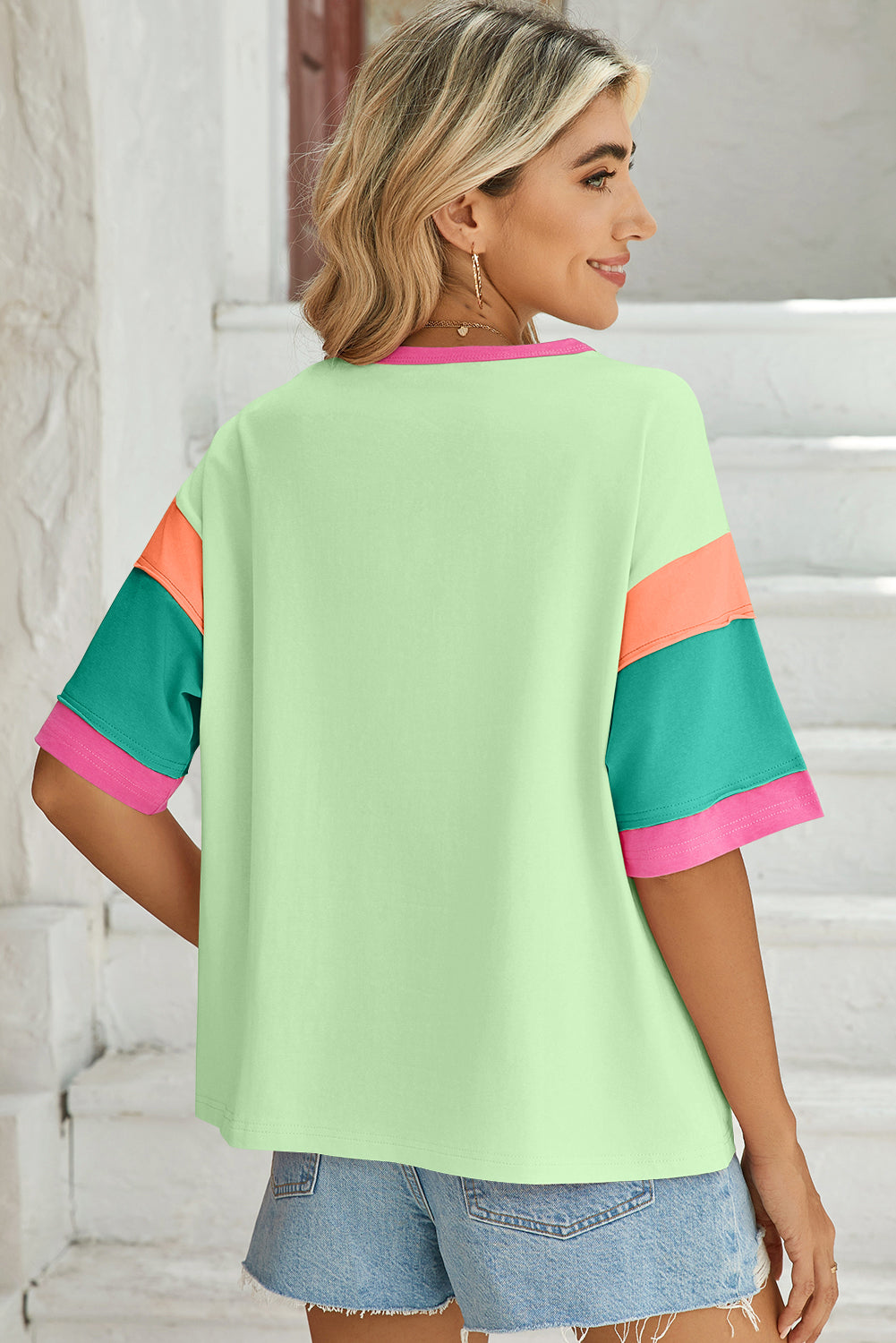 Pink Color Block Sleeve Round Neck Oversize Top