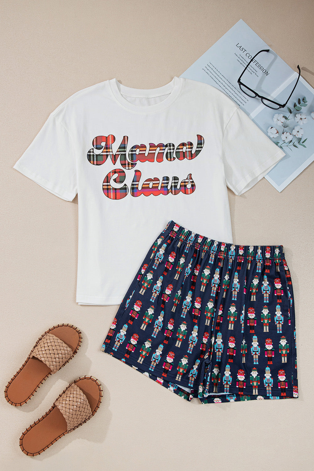 Mama Claus Plaid Letter Tee Nutcracker Shorts Two Piece Pajama Lounge Set