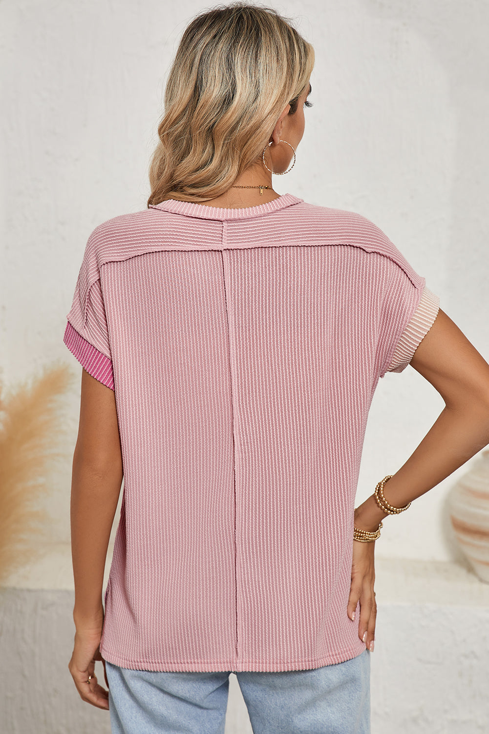 Apricot Pink Colorblock Crinkle Rib Round Neck T Shirt