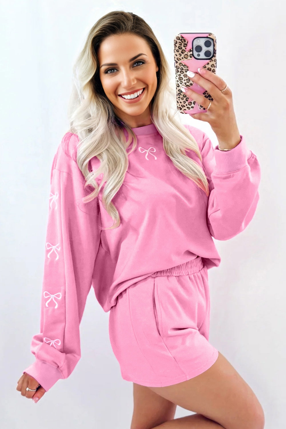 Pink Girly Bow Embroidered Detail Puff Sleeve Pullover Two Piece Short Set