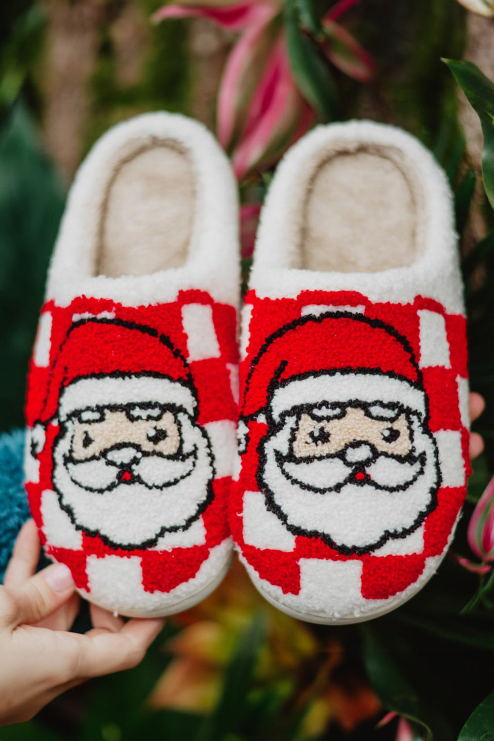 Red Checkered Santa Claus Graphic Plush Home Slippers