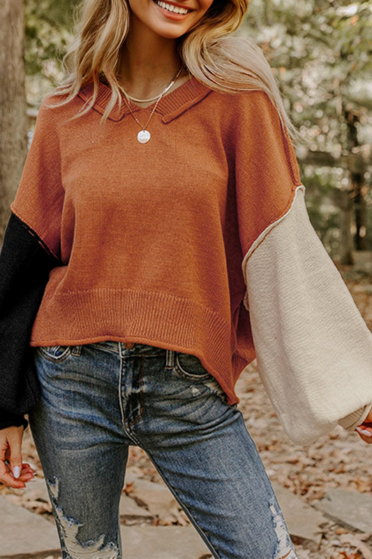 Desert Gold Colorblock Raw Edge Bubble Sleeve V-Neck Sweater