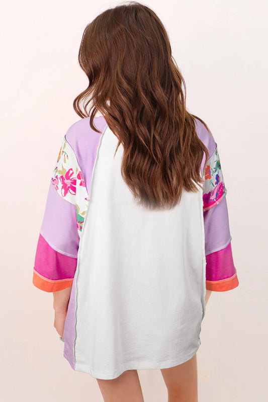 Sachet Pink Floral Patchwork Colorblock Loose Top