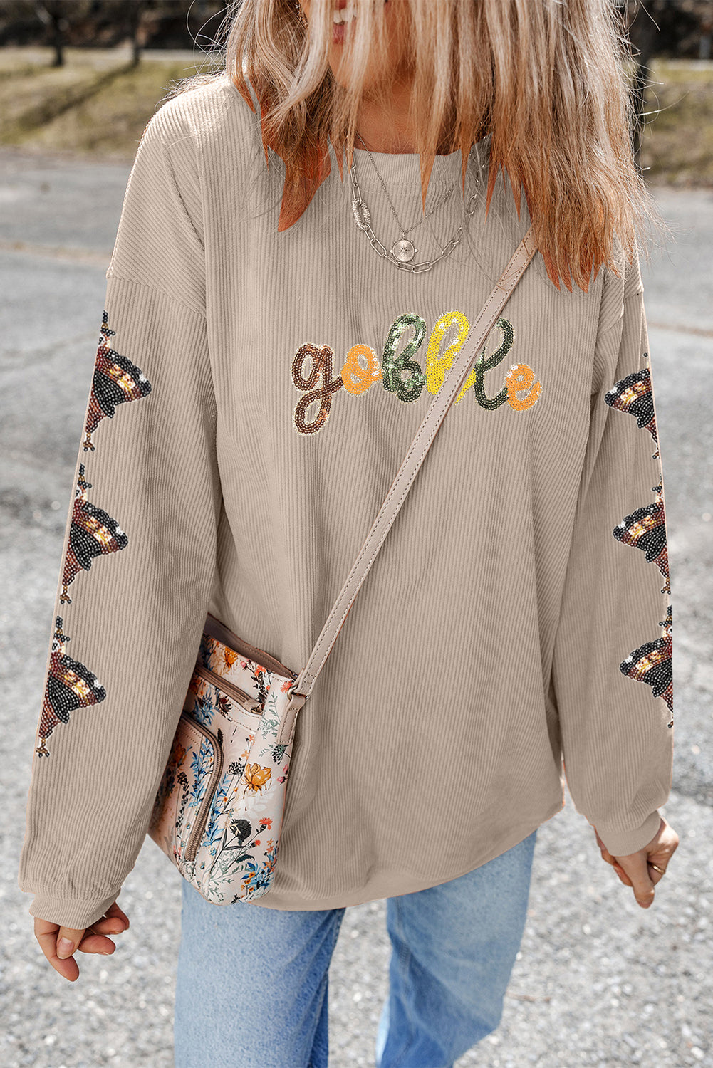 Smoke Gray Gobble Turkey Thanksgiving Sequined Patch Corded Baggy Sweatshirt