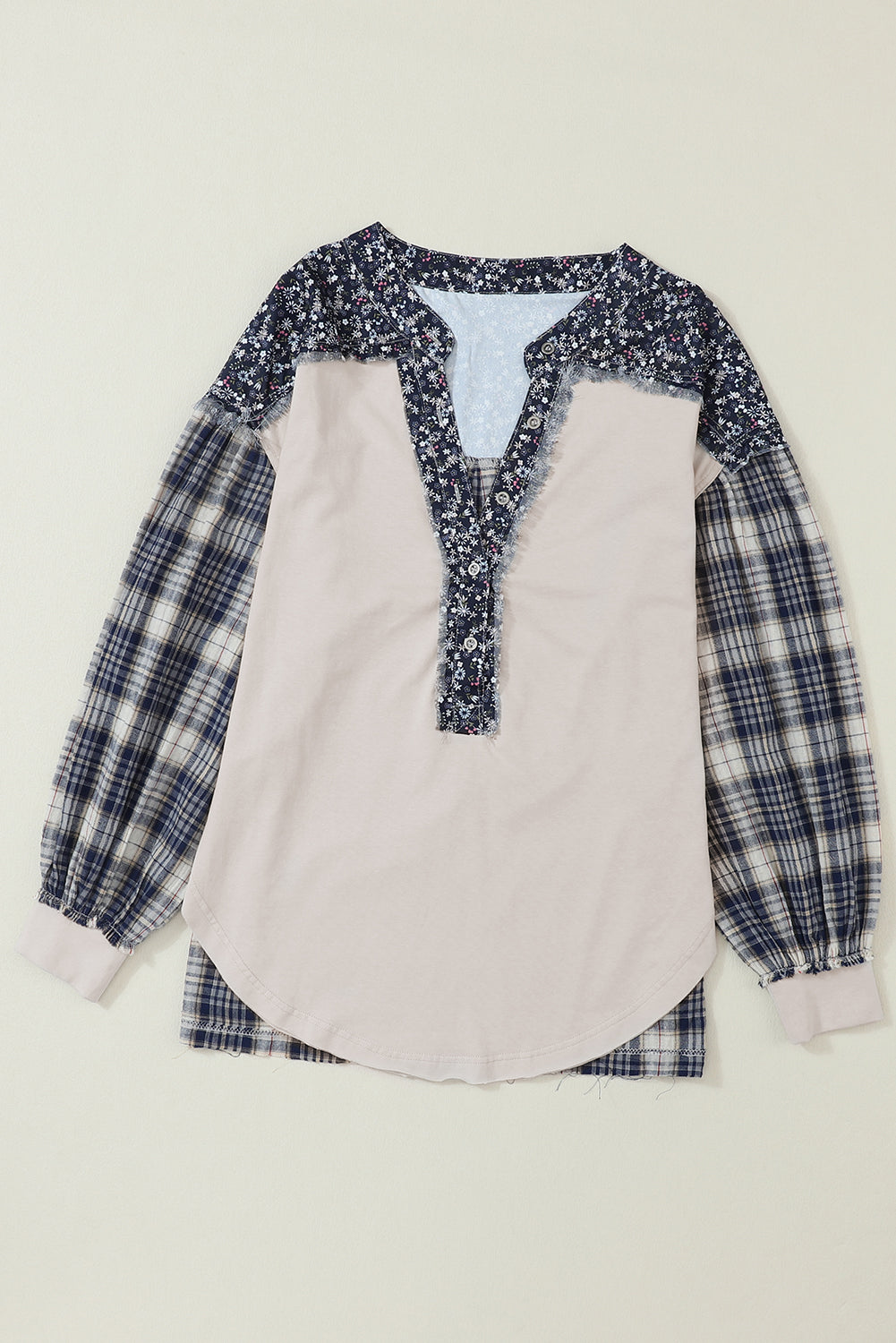 Dark Blue Floral Plaid Mixed Patchwork Bishop Sleeve Top