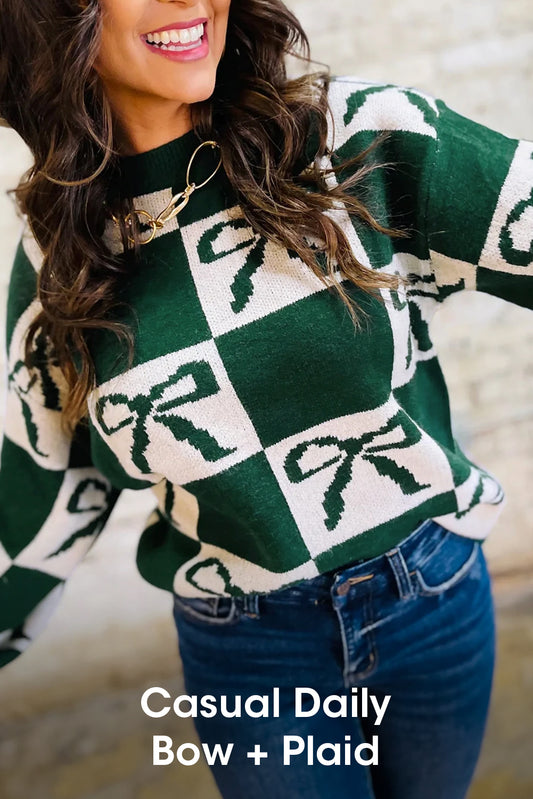 Green Bow Print Checkered Knit Sweater