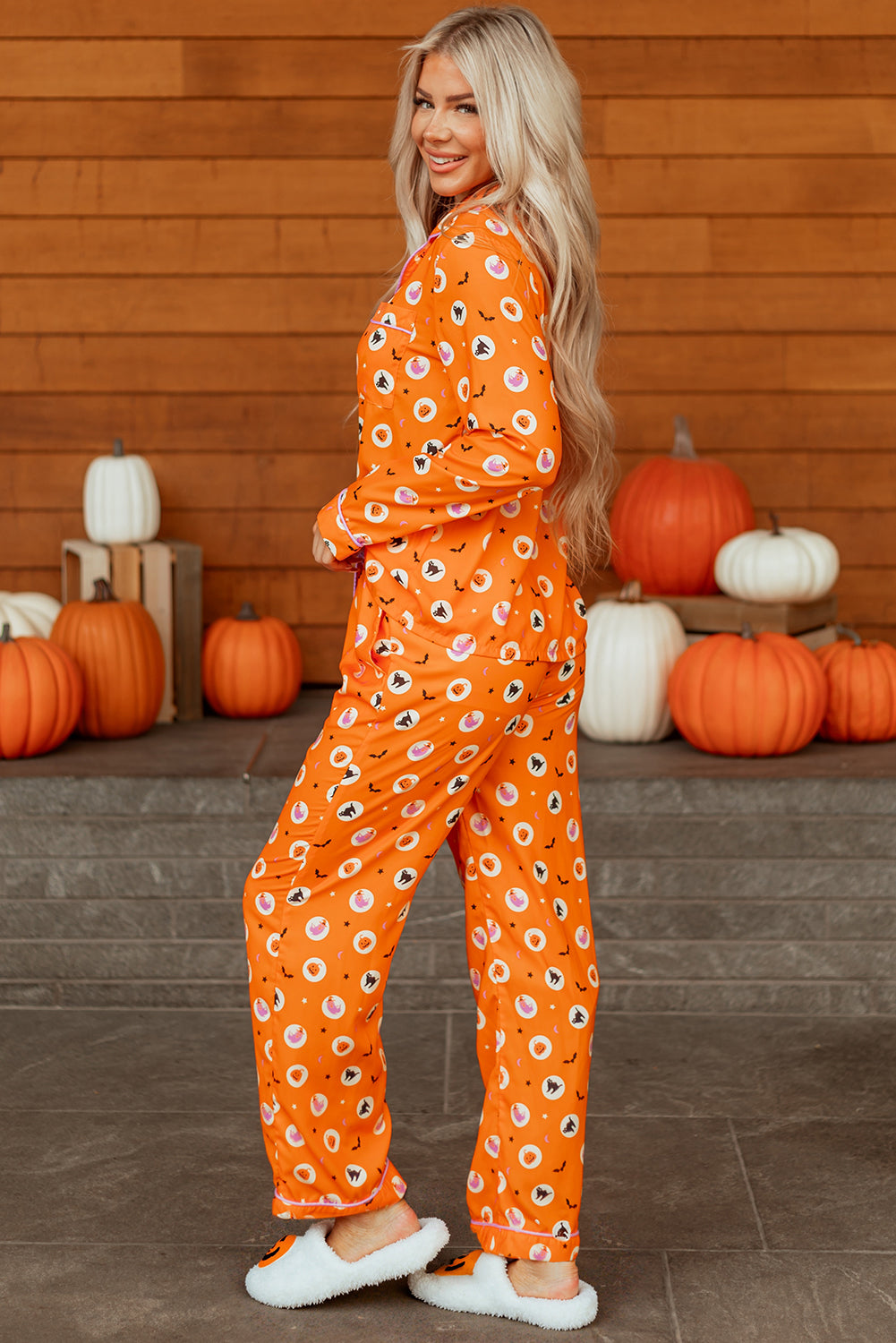 Orange Halloween Print Lapel Shirt and Pants Pajama Set