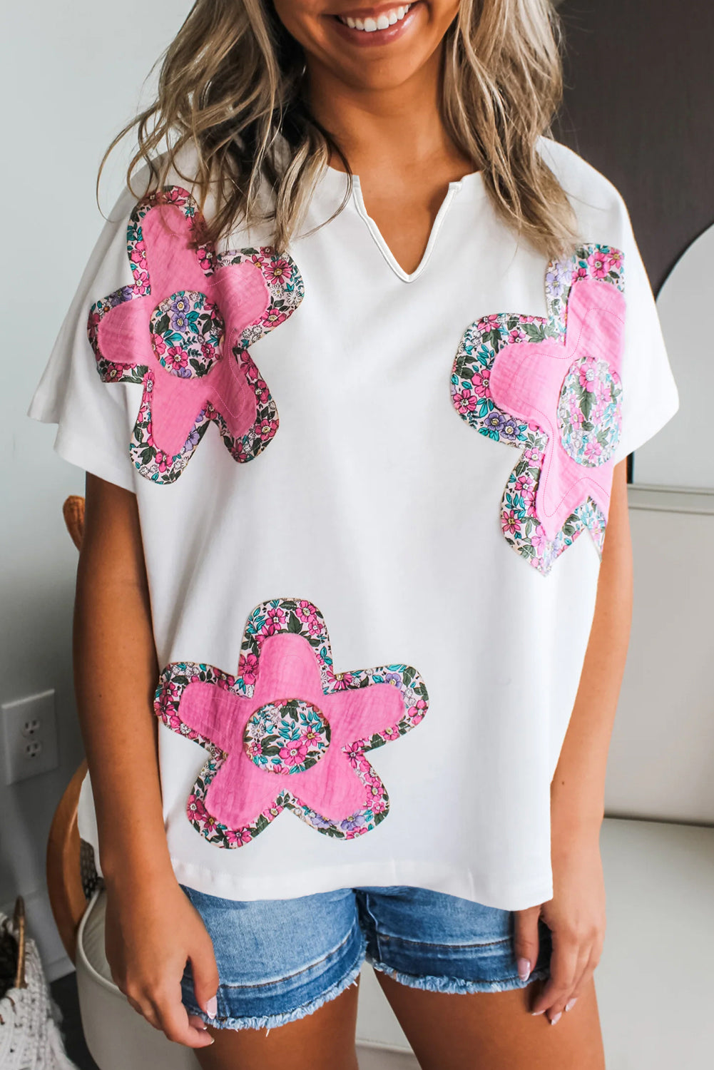White Floral Applique Notched V-Neck Dolman Sleeve Top