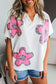 White Floral Applique Notched V-Neck Dolman Sleeve Top