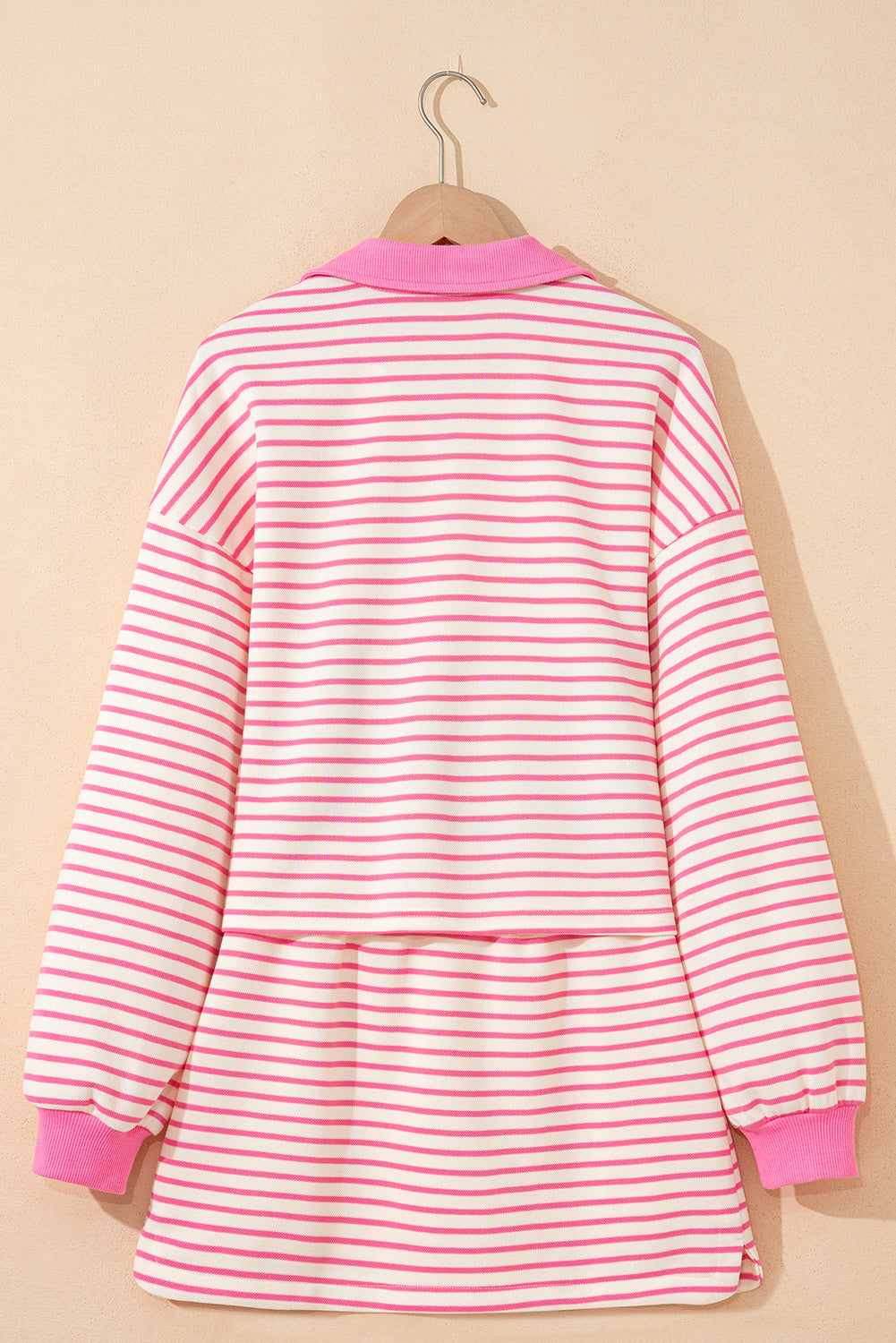 Pink Stripe Collared V-Neck Drop Shoulder Pullover and Skort Two Piece Set