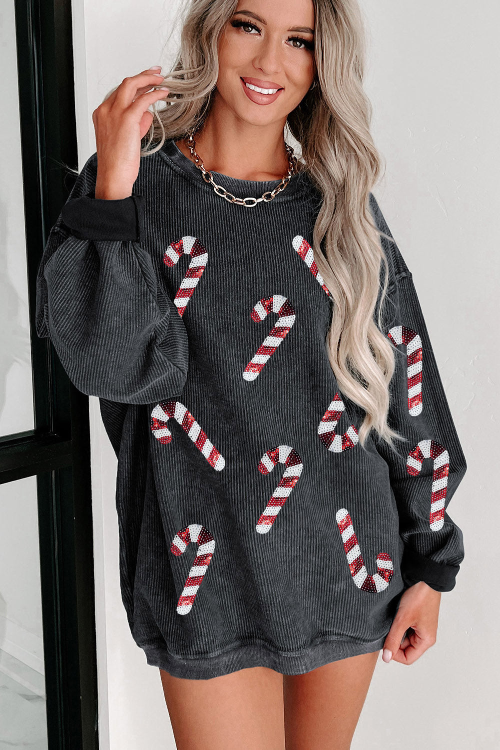 Black Xmas Candy Cane Shining Graphic Corded Sweatshirt