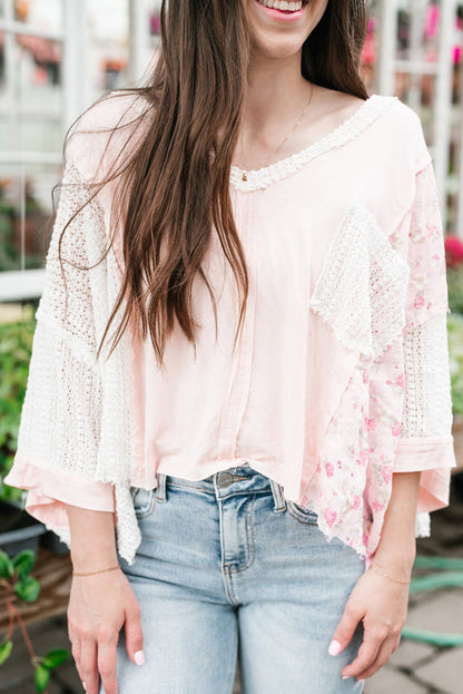 Delicacy Floral Crochet Patchwork Batwing Sleeve Blouse